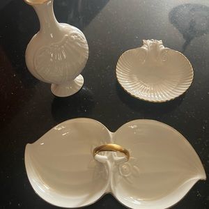3 Pieces Vintage Lenox China Aegean Shell Tray, Bud Vase and Double Serving Dish